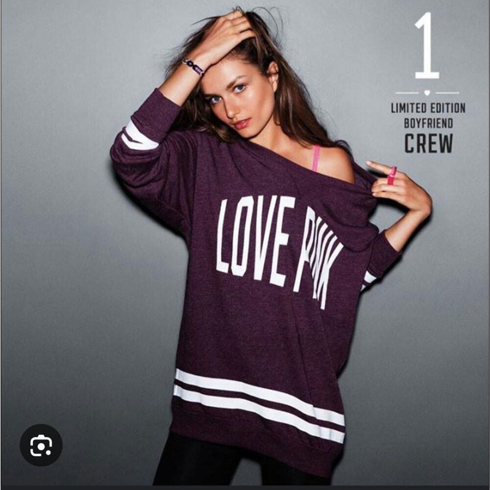 Pink Victoria's Secret Burgundy Oversized Boyfriend Varsity Crew Neck Love Pink - Picture 2 of 9